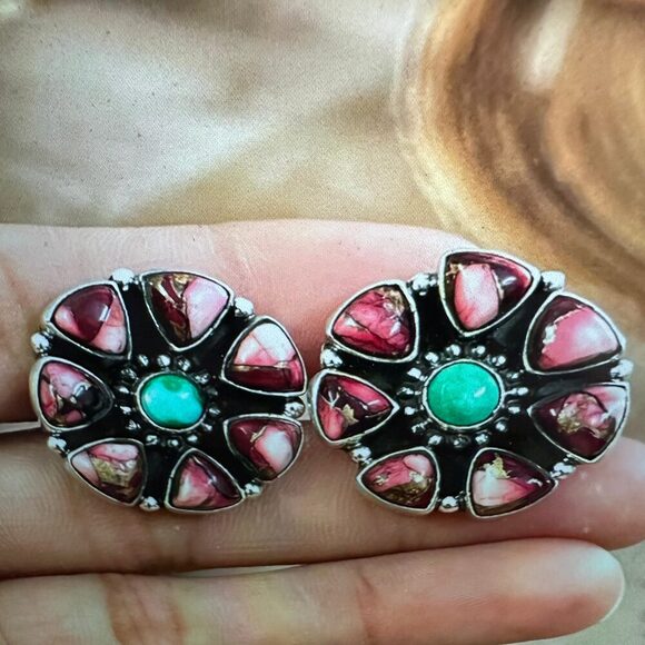 Handmade Sterling Silver Red Rose Dahlia With Emerald Valley, Post Earrings, Si - Picture 9 of 10